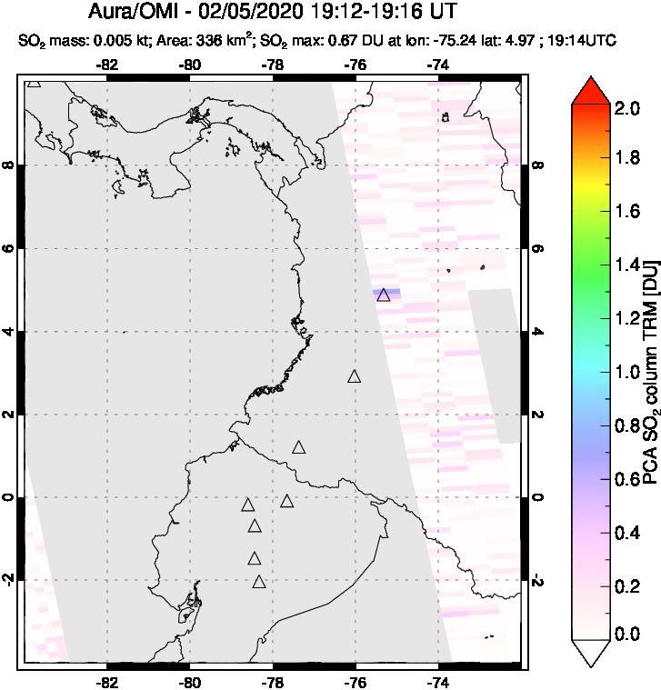 A sulfur dioxide image over Ecuador on Feb 05, 2020.