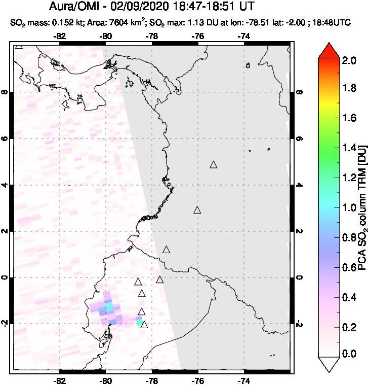 A sulfur dioxide image over Ecuador on Feb 09, 2020.
