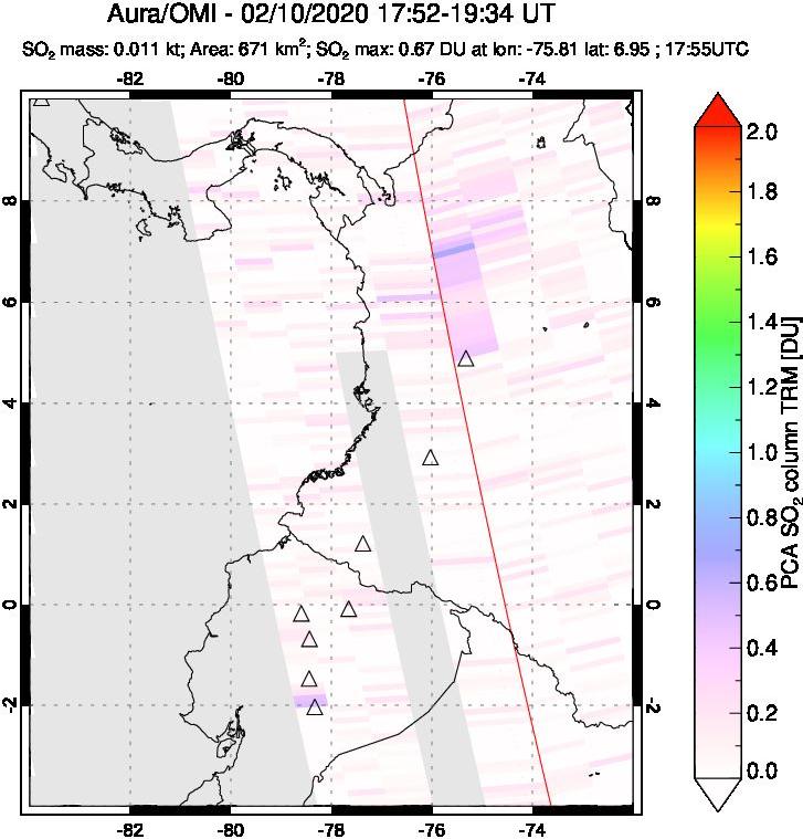 A sulfur dioxide image over Ecuador on Feb 10, 2020.