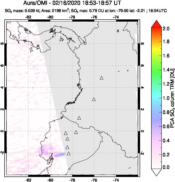 A sulfur dioxide image over Ecuador on Feb 16, 2020.