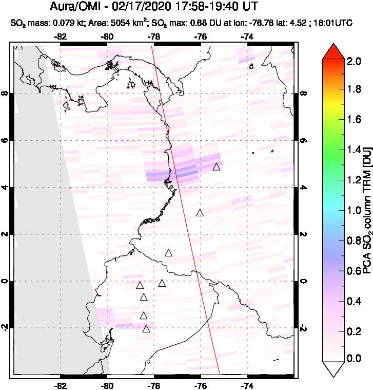 A sulfur dioxide image over Ecuador on Feb 17, 2020.