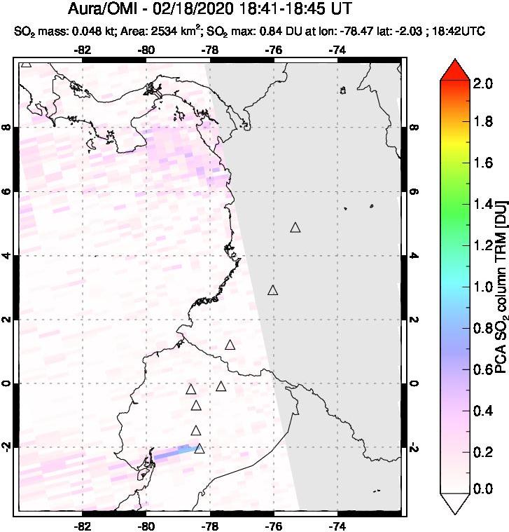 A sulfur dioxide image over Ecuador on Feb 18, 2020.