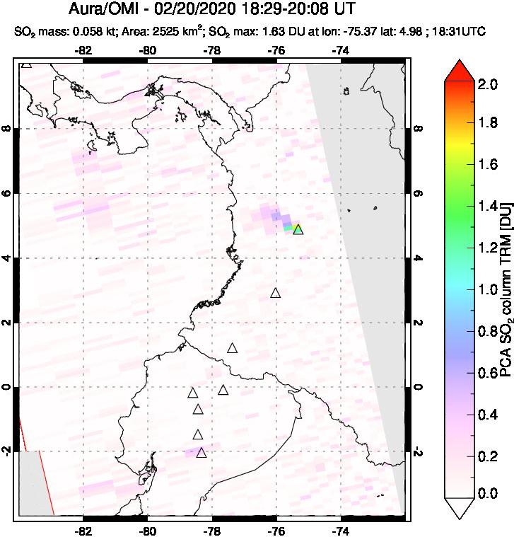 A sulfur dioxide image over Ecuador on Feb 20, 2020.