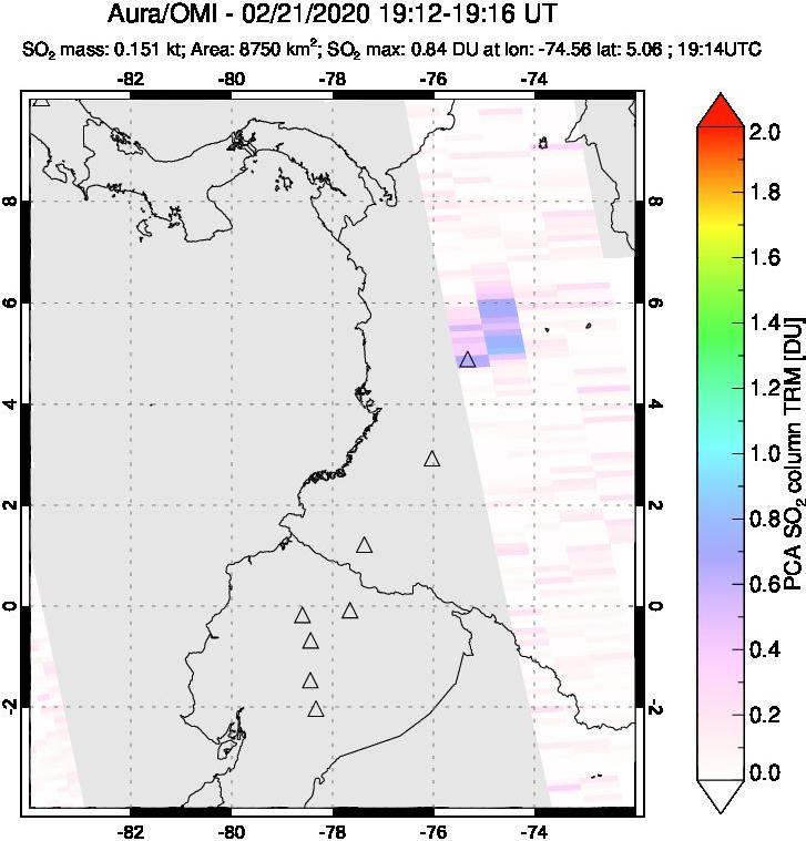 A sulfur dioxide image over Ecuador on Feb 21, 2020.