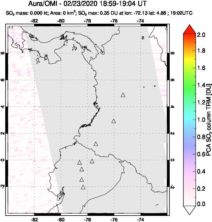 A sulfur dioxide image over Ecuador on Feb 23, 2020.