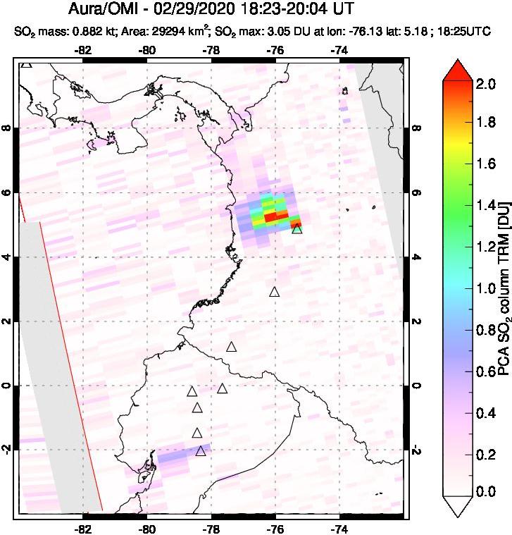A sulfur dioxide image over Ecuador on Feb 29, 2020.