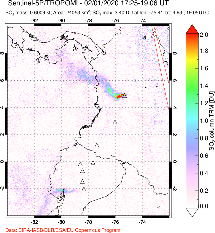 A sulfur dioxide image over Ecuador on Feb 01, 2020.