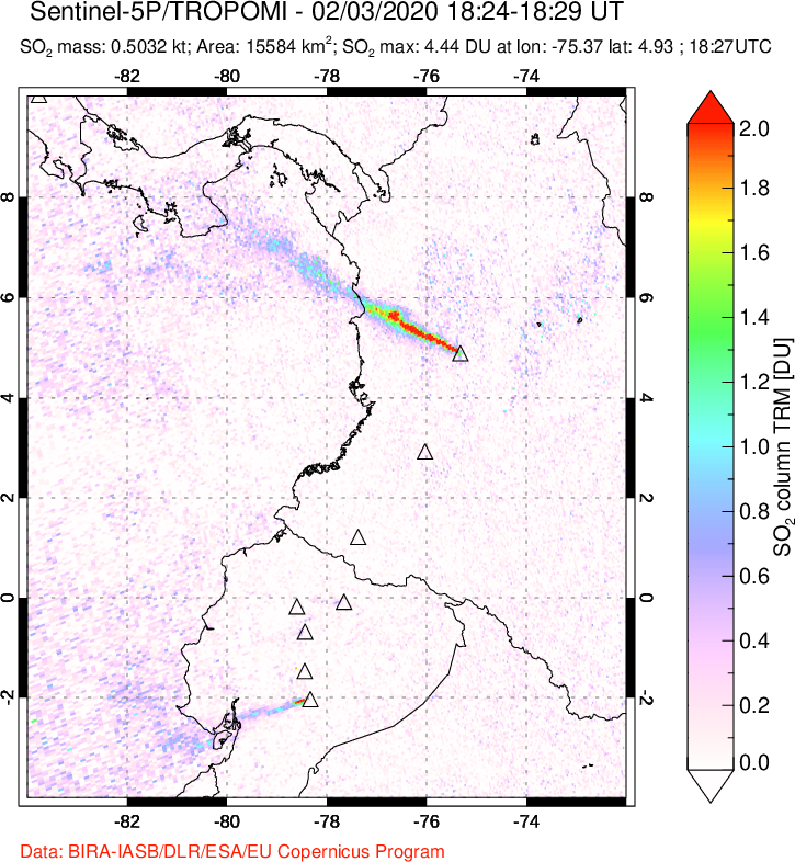 A sulfur dioxide image over Ecuador on Feb 03, 2020.