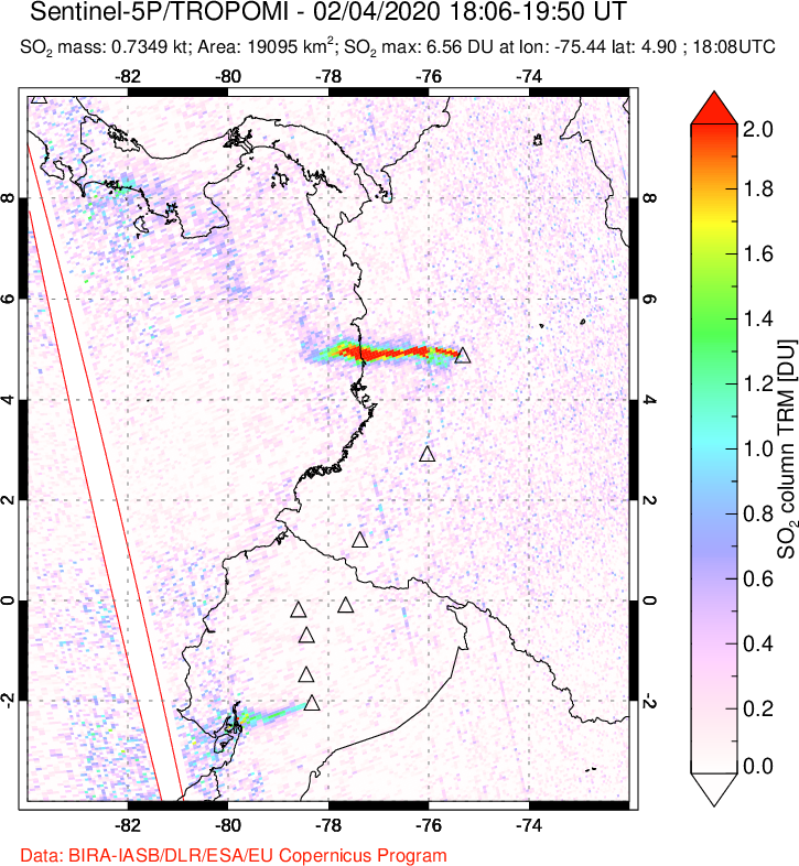 A sulfur dioxide image over Ecuador on Feb 04, 2020.