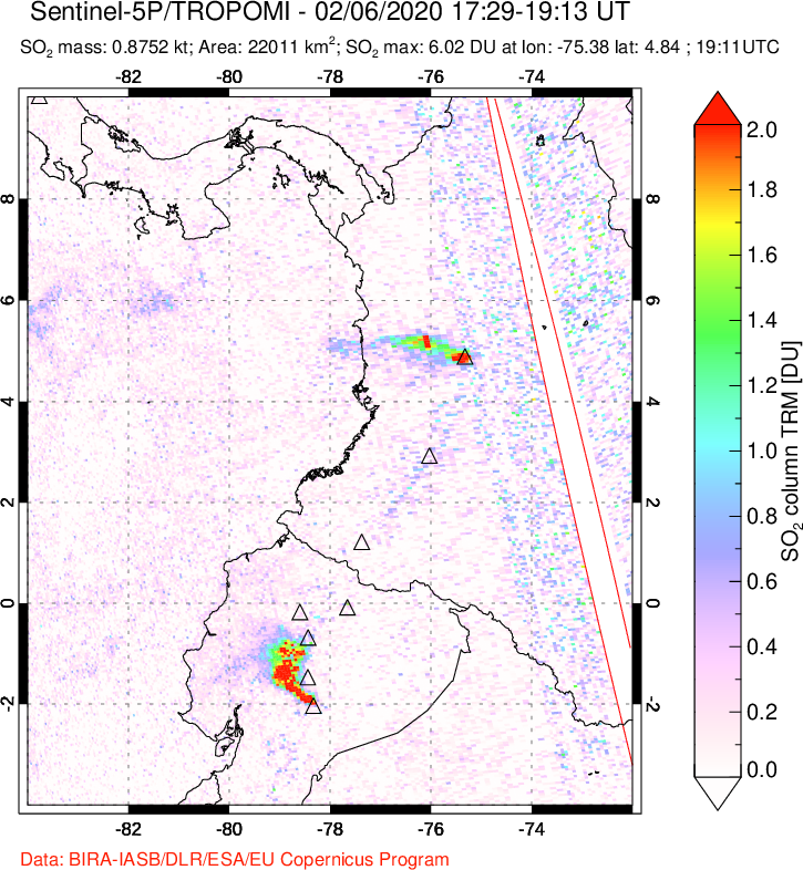 A sulfur dioxide image over Ecuador on Feb 06, 2020.