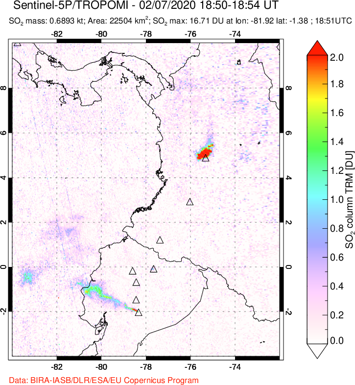 A sulfur dioxide image over Ecuador on Feb 07, 2020.