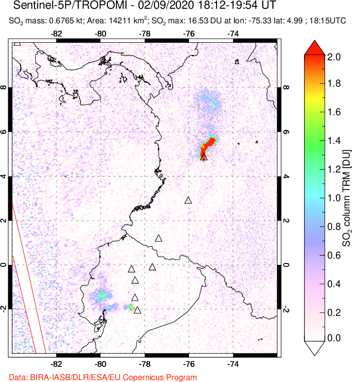 A sulfur dioxide image over Ecuador on Feb 09, 2020.