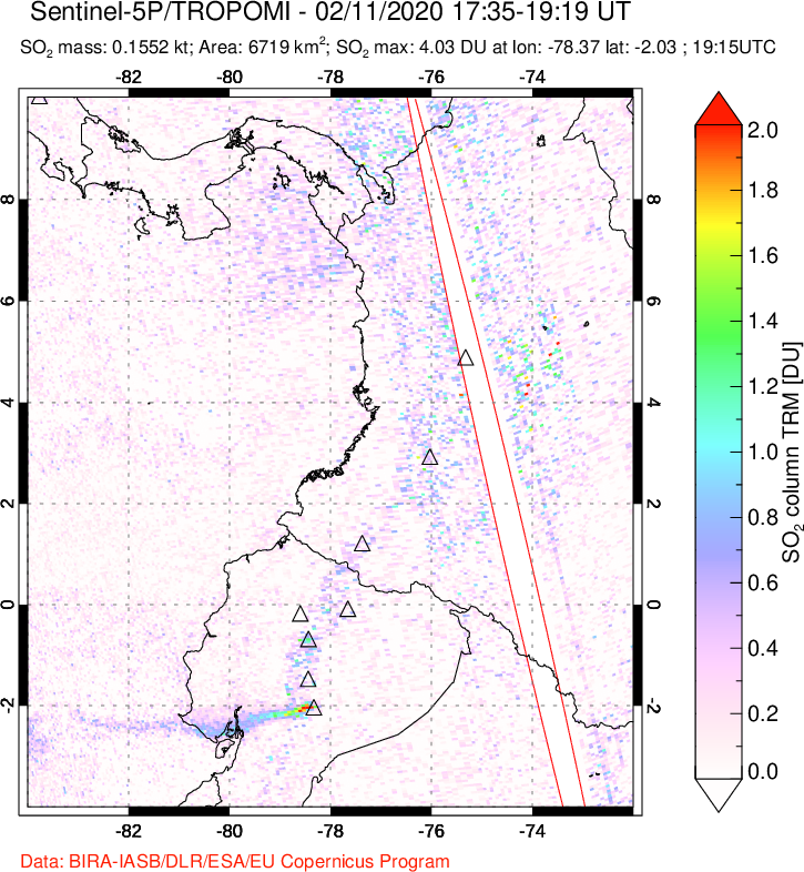 A sulfur dioxide image over Ecuador on Feb 11, 2020.