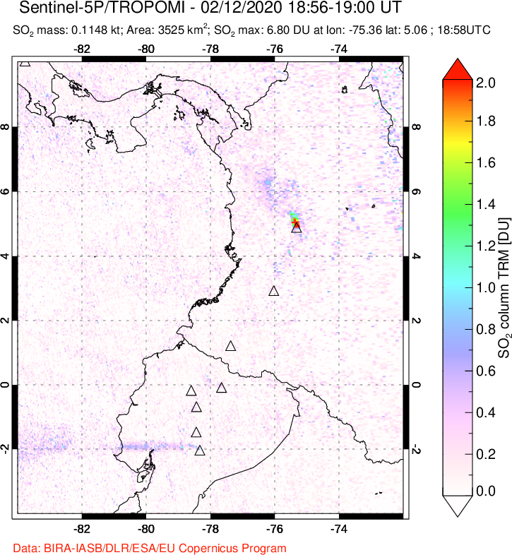 A sulfur dioxide image over Ecuador on Feb 12, 2020.