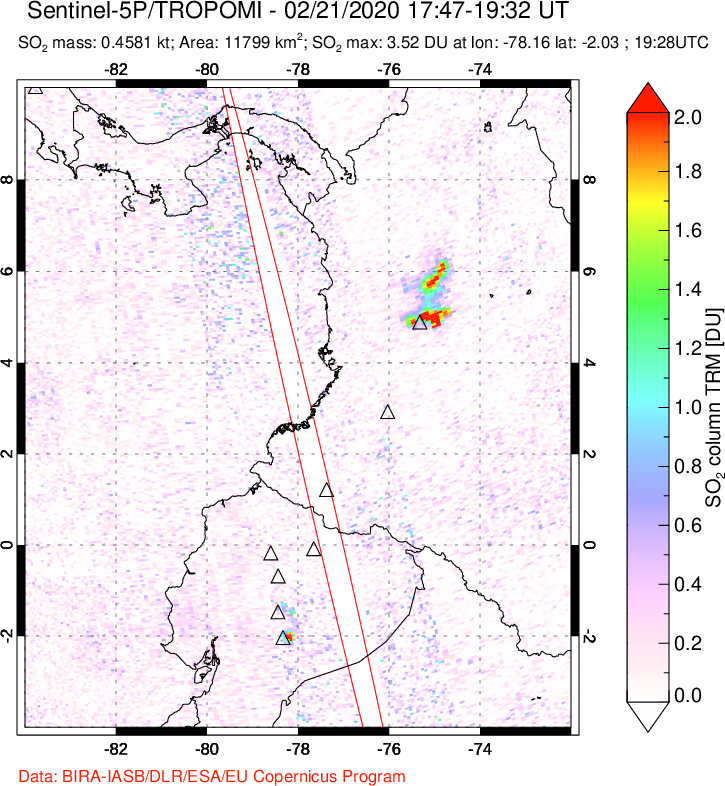 A sulfur dioxide image over Ecuador on Feb 21, 2020.