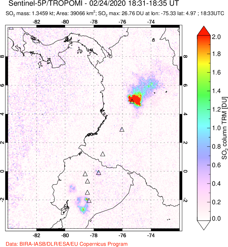 A sulfur dioxide image over Ecuador on Feb 24, 2020.