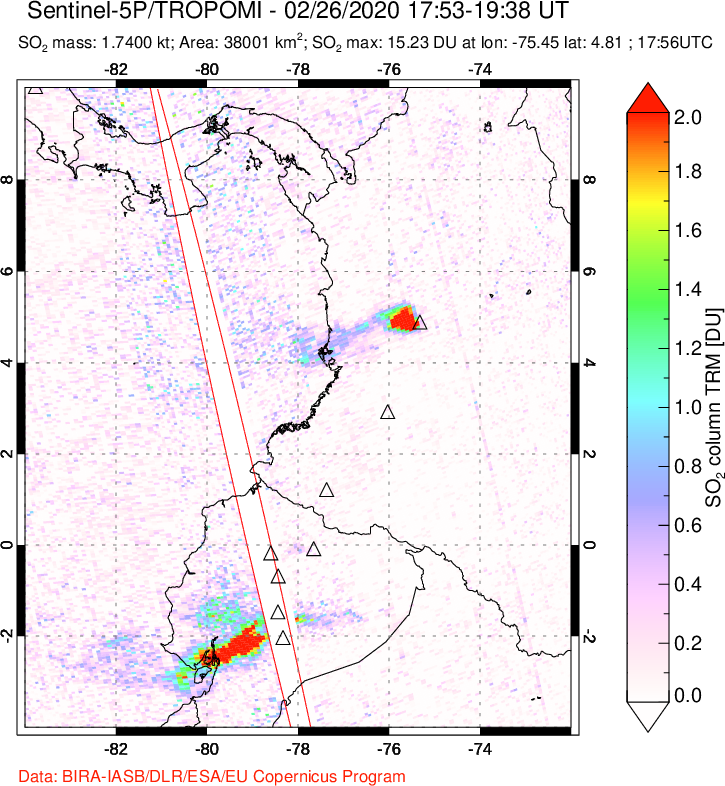 A sulfur dioxide image over Ecuador on Feb 26, 2020.