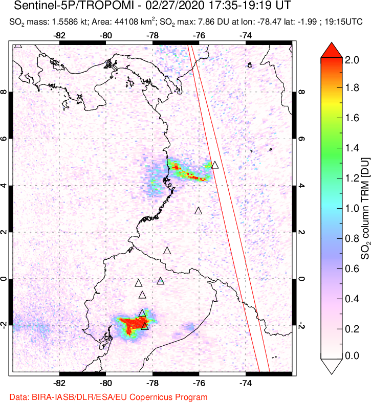 A sulfur dioxide image over Ecuador on Feb 27, 2020.