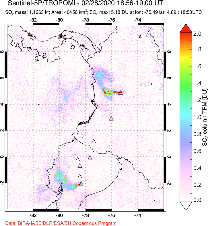 A sulfur dioxide image over Ecuador on Feb 28, 2020.