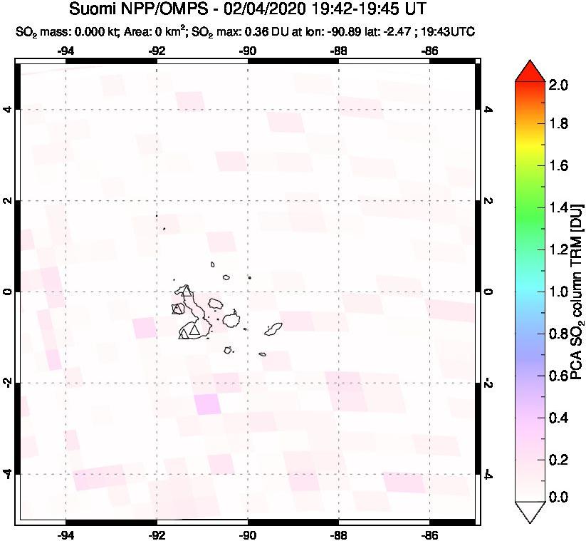 A sulfur dioxide image over Galápagos Islands on Feb 04, 2020.
