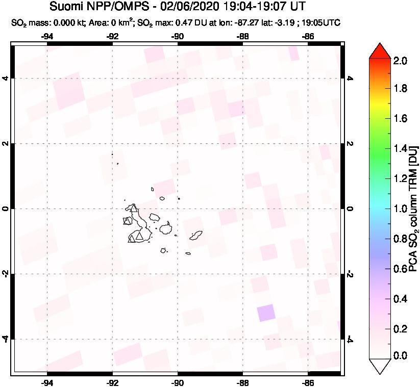 A sulfur dioxide image over Galápagos Islands on Feb 06, 2020.