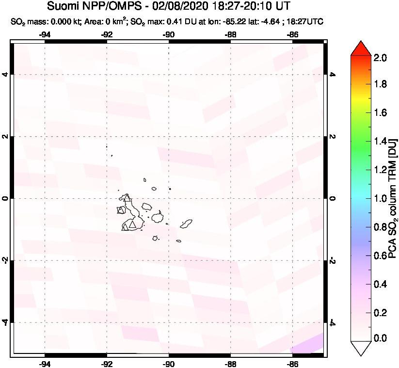 A sulfur dioxide image over Galápagos Islands on Feb 08, 2020.