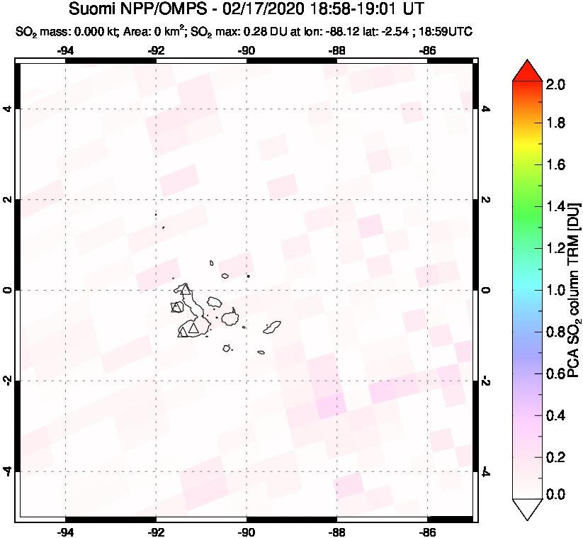 A sulfur dioxide image over Galápagos Islands on Feb 17, 2020.