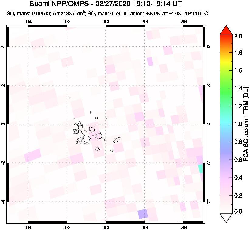 A sulfur dioxide image over Galápagos Islands on Feb 27, 2020.