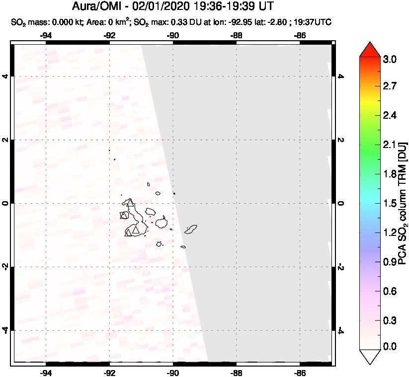 A sulfur dioxide image over Galápagos Islands on Feb 01, 2020.