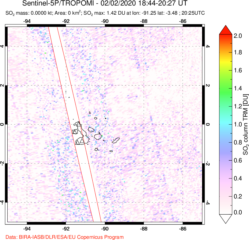 A sulfur dioxide image over Galápagos Islands on Feb 02, 2020.