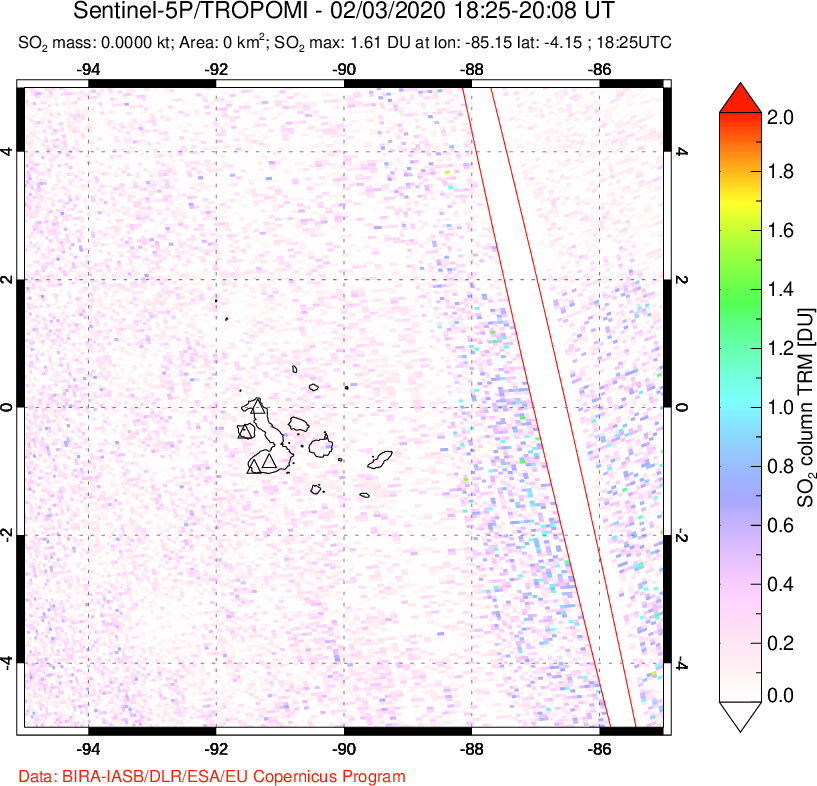 A sulfur dioxide image over Galápagos Islands on Feb 03, 2020.