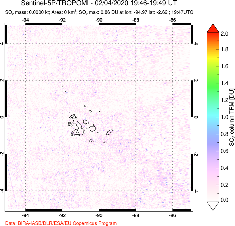 A sulfur dioxide image over Galápagos Islands on Feb 04, 2020.