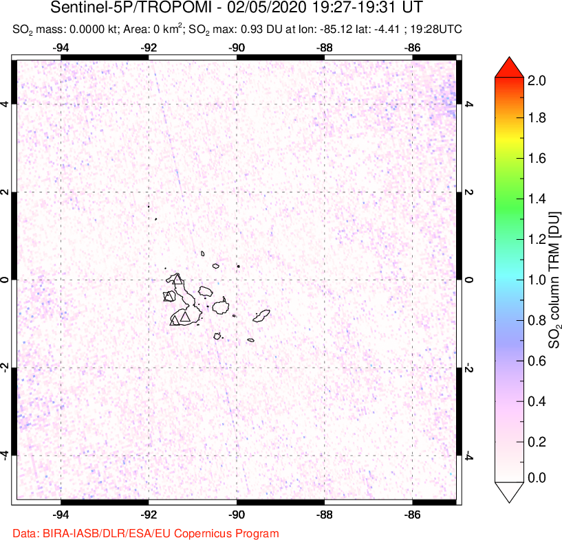 A sulfur dioxide image over Galápagos Islands on Feb 05, 2020.