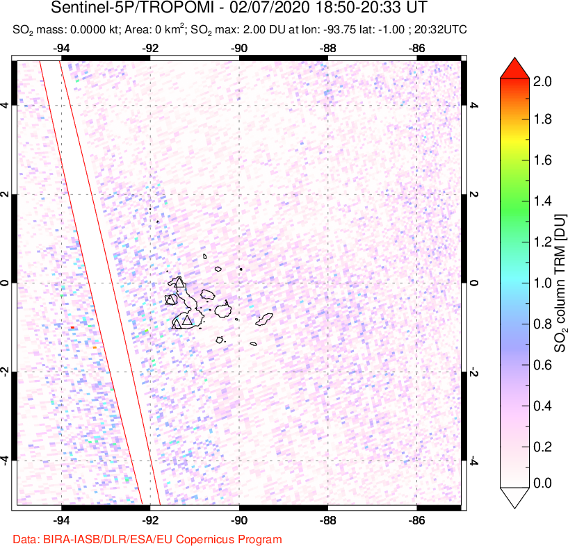 A sulfur dioxide image over Galápagos Islands on Feb 07, 2020.