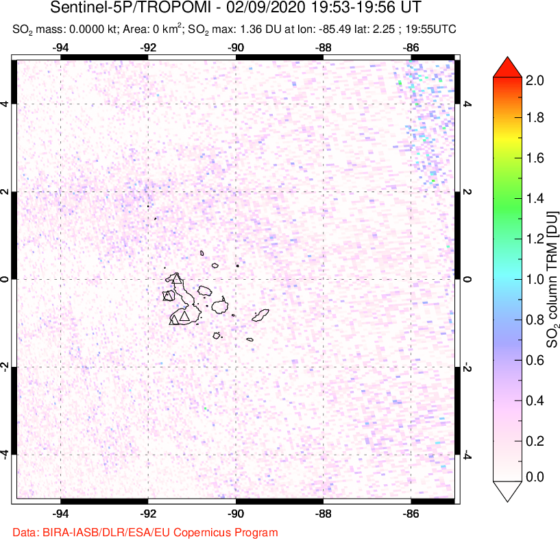 A sulfur dioxide image over Galápagos Islands on Feb 09, 2020.