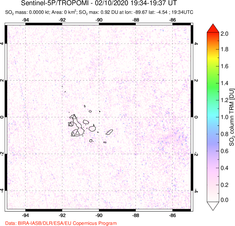 A sulfur dioxide image over Galápagos Islands on Feb 10, 2020.