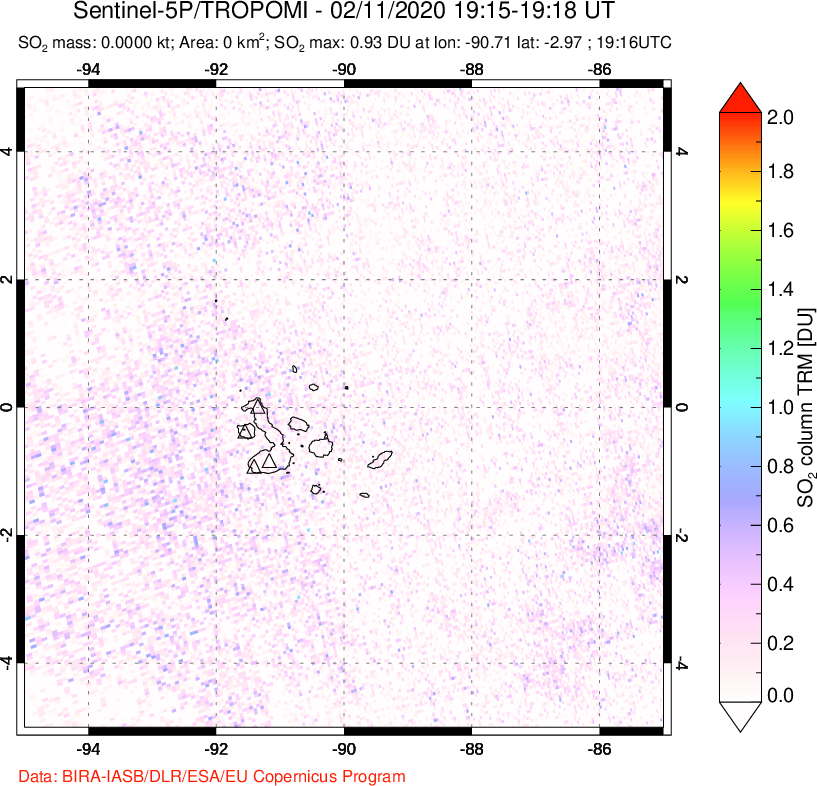A sulfur dioxide image over Galápagos Islands on Feb 11, 2020.