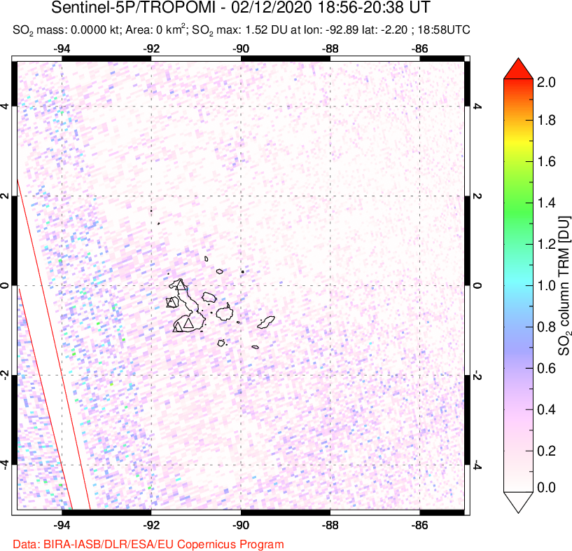 A sulfur dioxide image over Galápagos Islands on Feb 12, 2020.