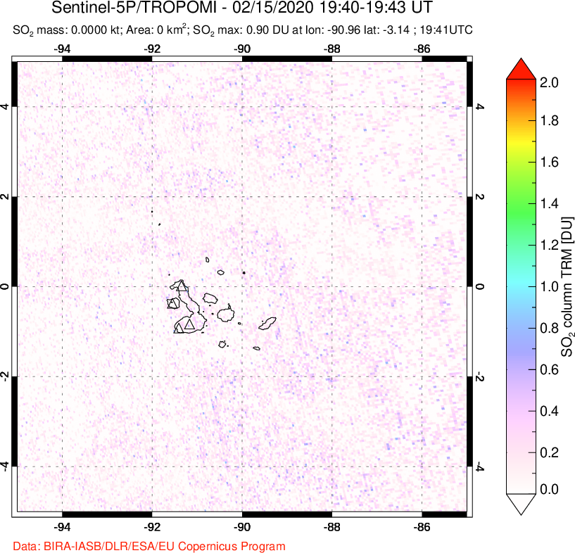 A sulfur dioxide image over Galápagos Islands on Feb 15, 2020.