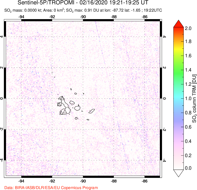A sulfur dioxide image over Galápagos Islands on Feb 16, 2020.