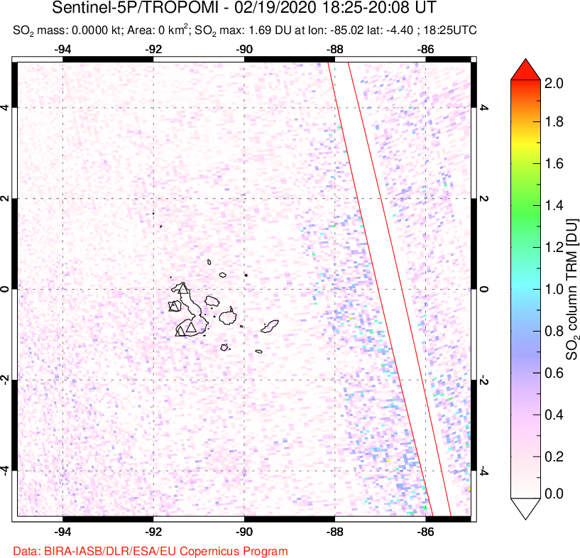 A sulfur dioxide image over Galápagos Islands on Feb 19, 2020.