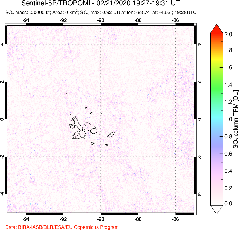 A sulfur dioxide image over Galápagos Islands on Feb 21, 2020.