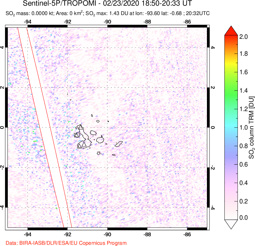 A sulfur dioxide image over Galápagos Islands on Feb 23, 2020.