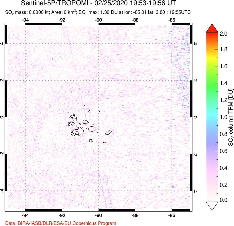 A sulfur dioxide image over Galápagos Islands on Feb 25, 2020.