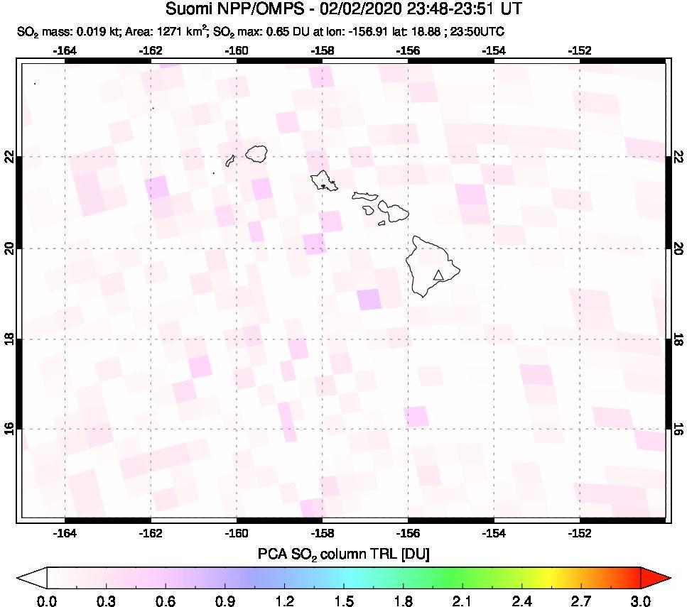 A sulfur dioxide image over Hawaii, USA on Feb 02, 2020.