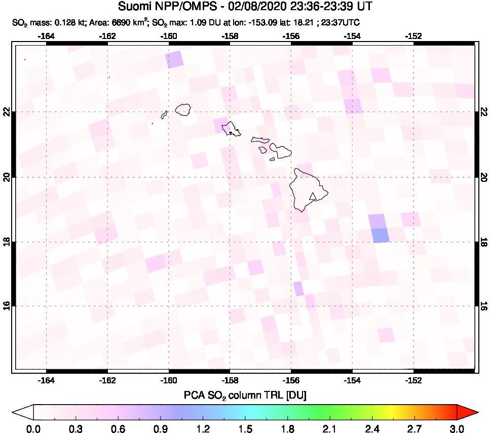 A sulfur dioxide image over Hawaii, USA on Feb 08, 2020.