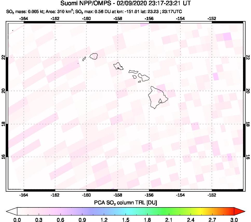A sulfur dioxide image over Hawaii, USA on Feb 09, 2020.