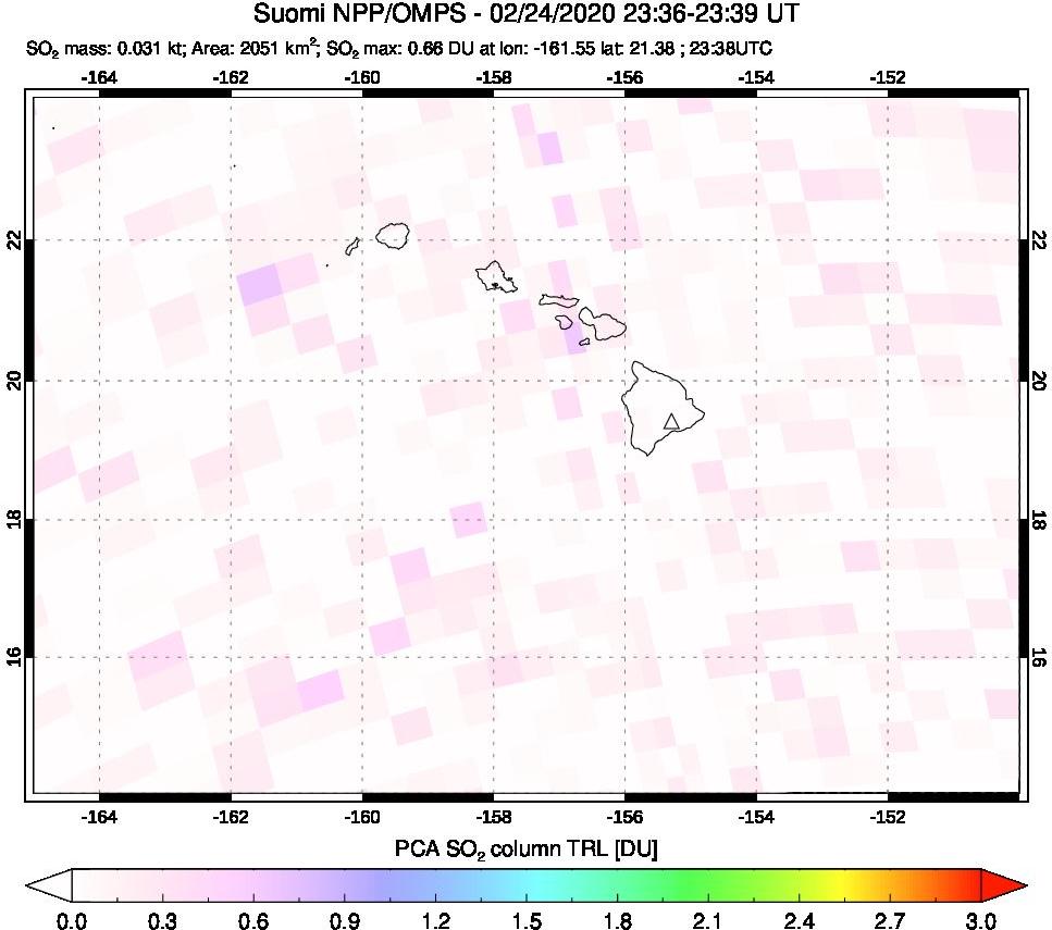 A sulfur dioxide image over Hawaii, USA on Feb 24, 2020.