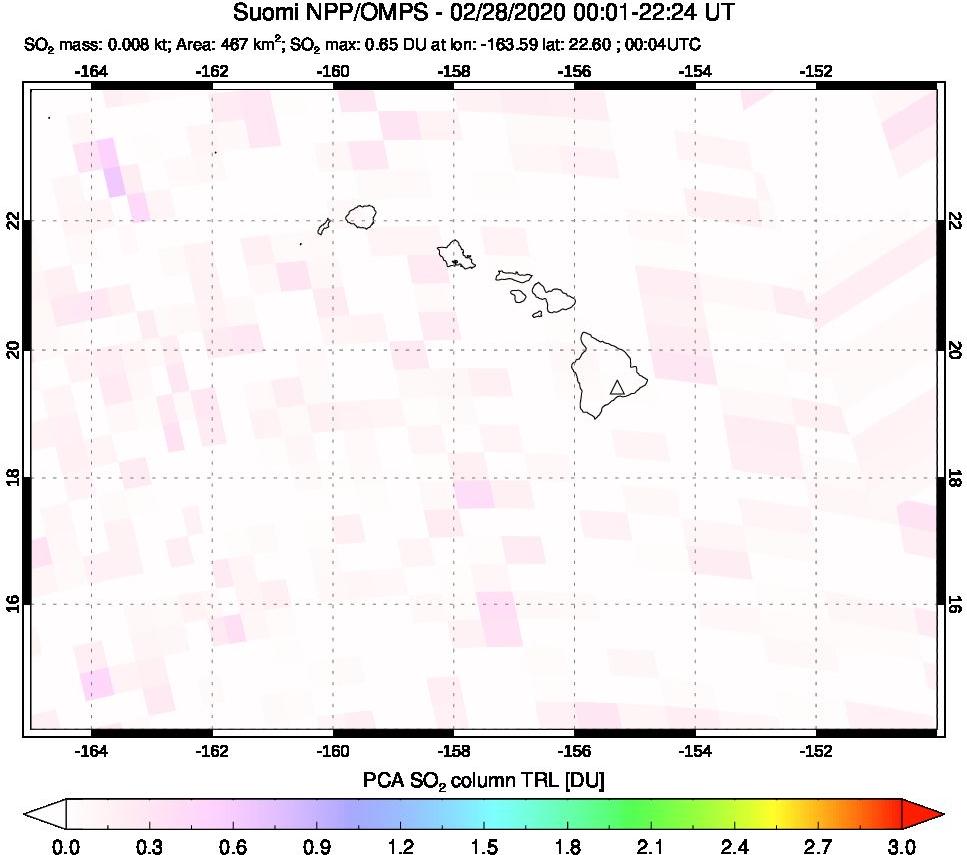 A sulfur dioxide image over Hawaii, USA on Feb 28, 2020.