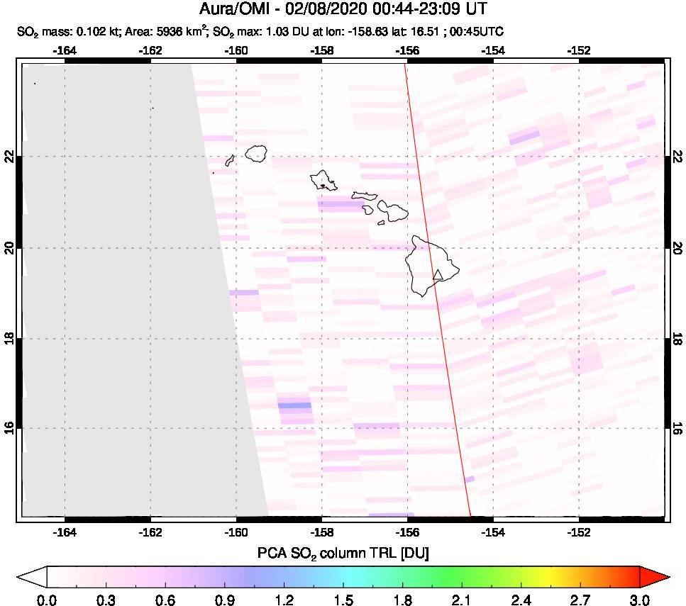 A sulfur dioxide image over Hawaii, USA on Feb 08, 2020.